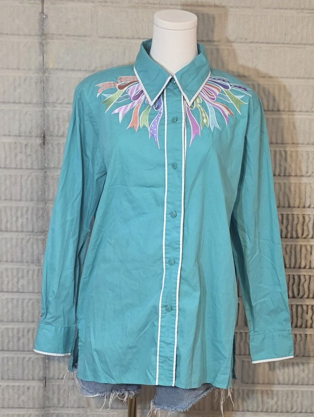 Vintage Bob Mackie Wearable Art Teal Button Up Shirt